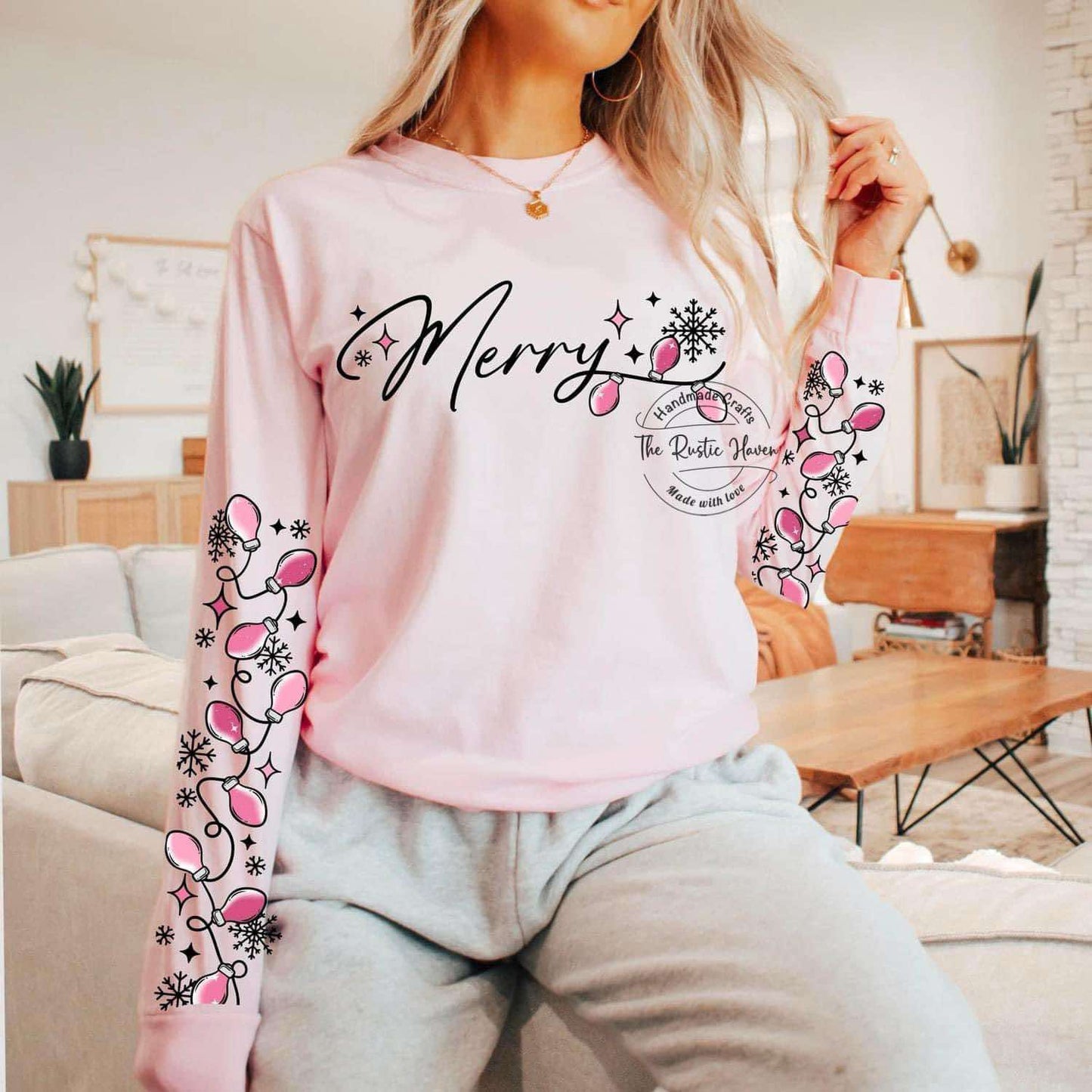 “Merry Christmas Lights Long Sleeve Shirt – Holiday Graphic Tee with Multicolor or Pink Lights (4 Colors)”