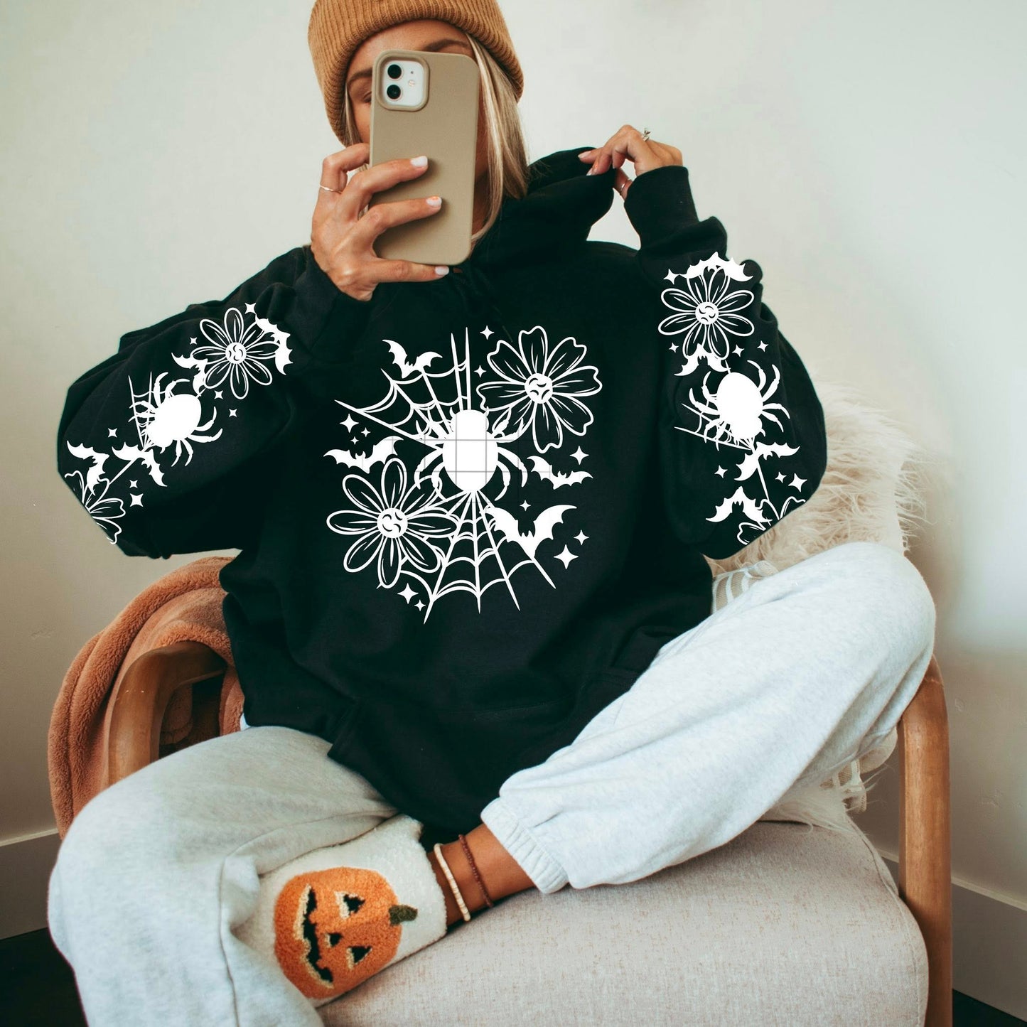 Spider Web & Daisy Long Sleeve Tee – Spooky Floral Shirt (Black or White)
