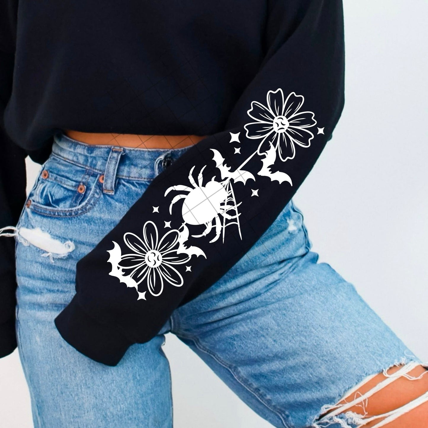 Spider Web & Daisy Long Sleeve Tee – Spooky Floral Shirt (Black or White)