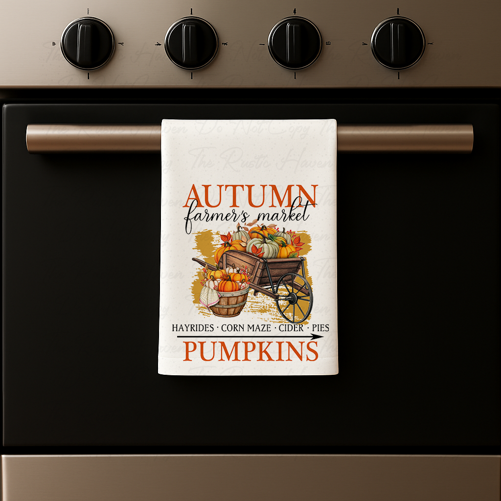 Autumn Farmer’s Market Kitchen Towel – Fall Pumpkins & Farmhouse Décor Hand Towel