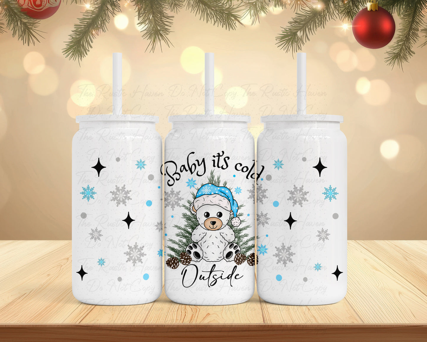 Winter Bear 16oz Stainless Steel Soda Can Tumbler with Straw & Lid