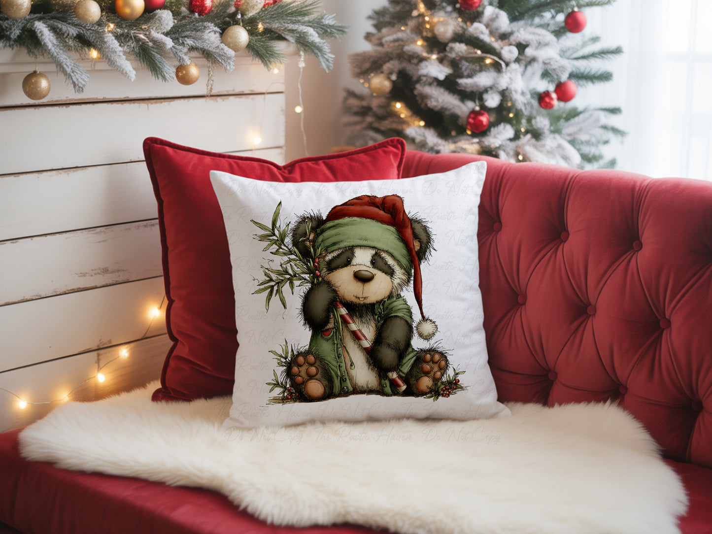 Cozy Christmas Bear Throw Pillow – Holiday Panda with Candy Cane and Santa Hat