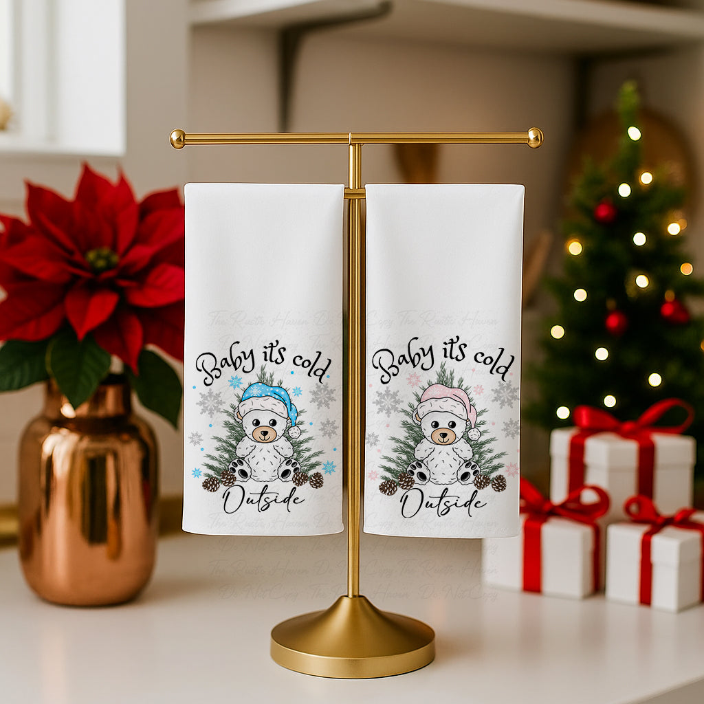 Baby It’s Cold Outside Bear Christmas Towel | 16x24 Polyester Kitchen Towel | Winter Holiday Decor | Custom Color Options