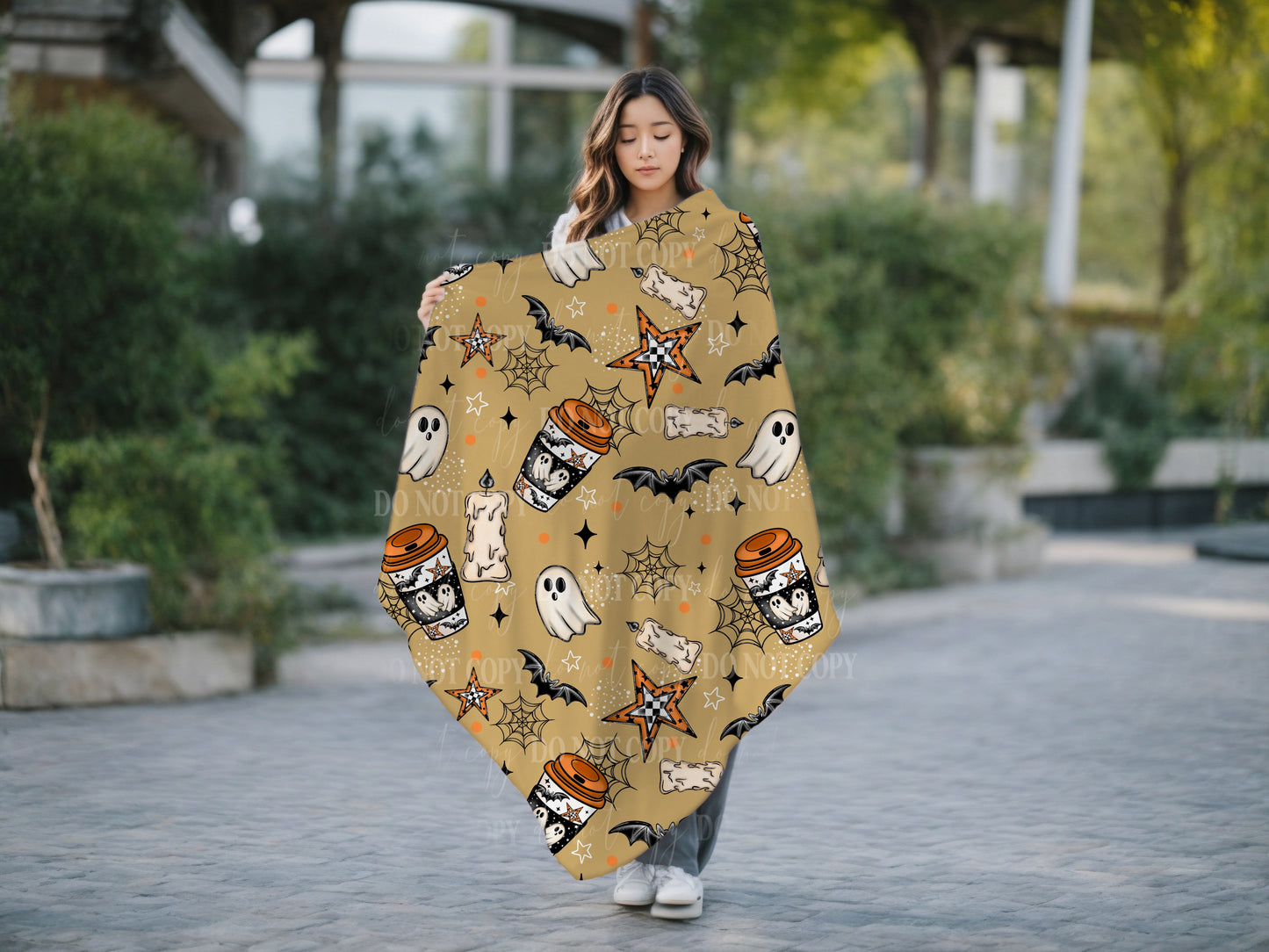 Cozy Halloween Blanket – Ghosts, Bats & Pumpkin Coffee | 2 Color Options