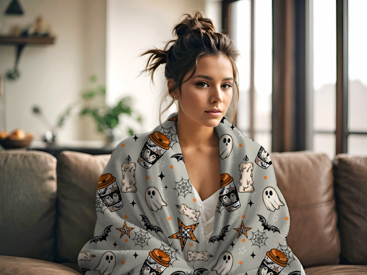 Cozy Halloween Blanket – Ghosts, Bats & Pumpkin Coffee | 2 Color Options