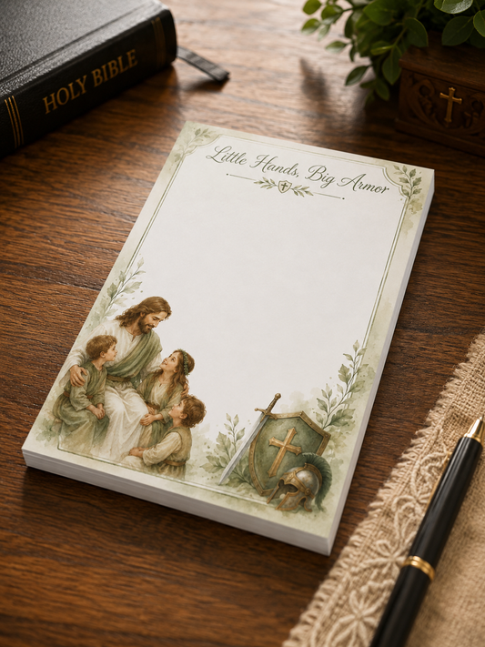 Little Hands, Big Armor Christian Notepad | 4x6 Easy-Tear Memo Pad | 50 Sheets | Handmade Prayer & Notes Pad | Faith Gift