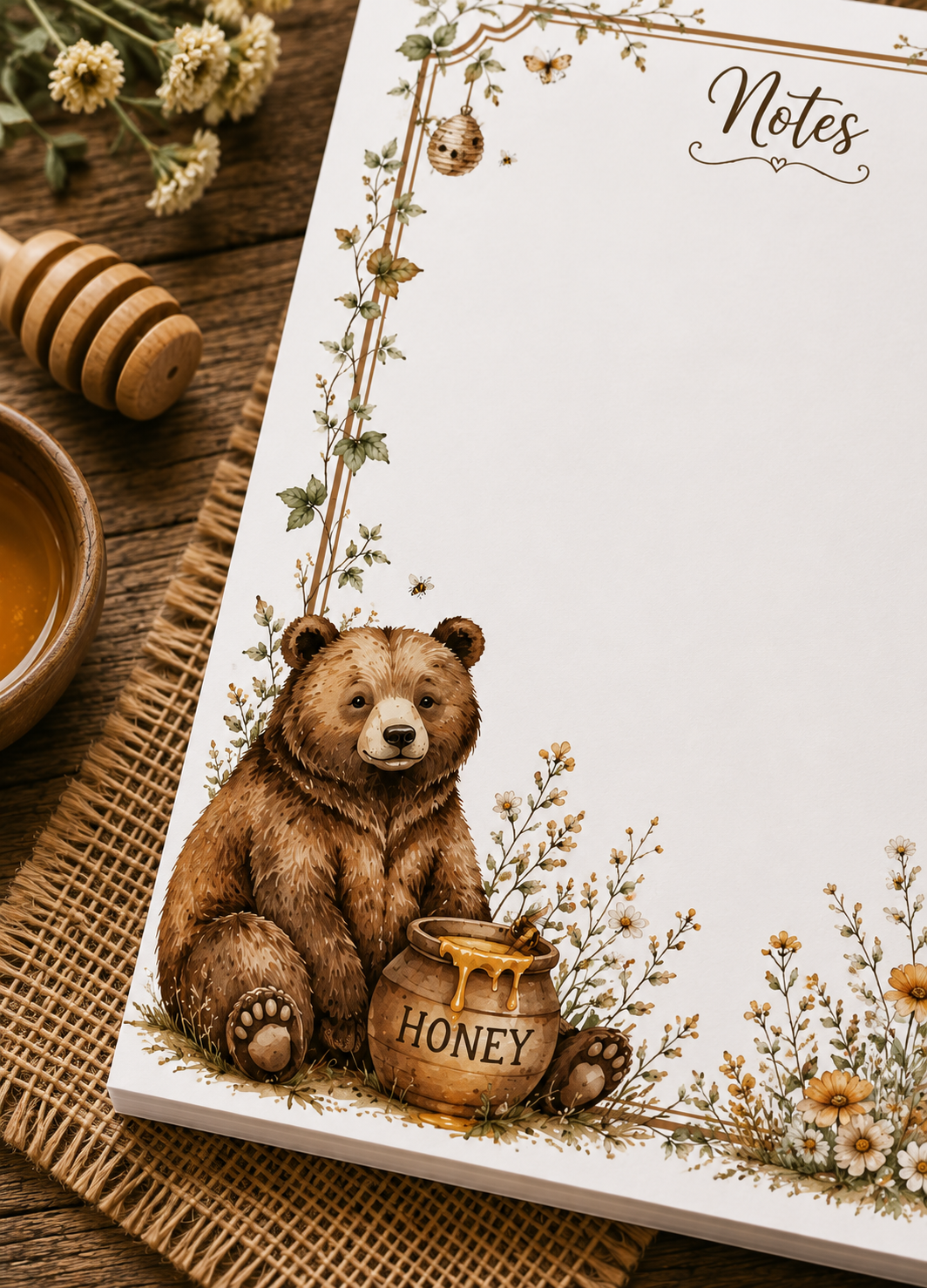 Honey Bear Notes Notepad | 5 x 7 Farmhouse Notepad | 50 Tear-Off Pages | Rustic Woodland Stationery