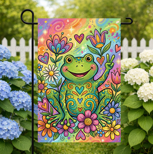 Colorful Frog Garden Flag – Whimsical Floral Frog Yard Decor – Double Sided 12x18 Non-See-Through Spring & Summer Outdoor Flag