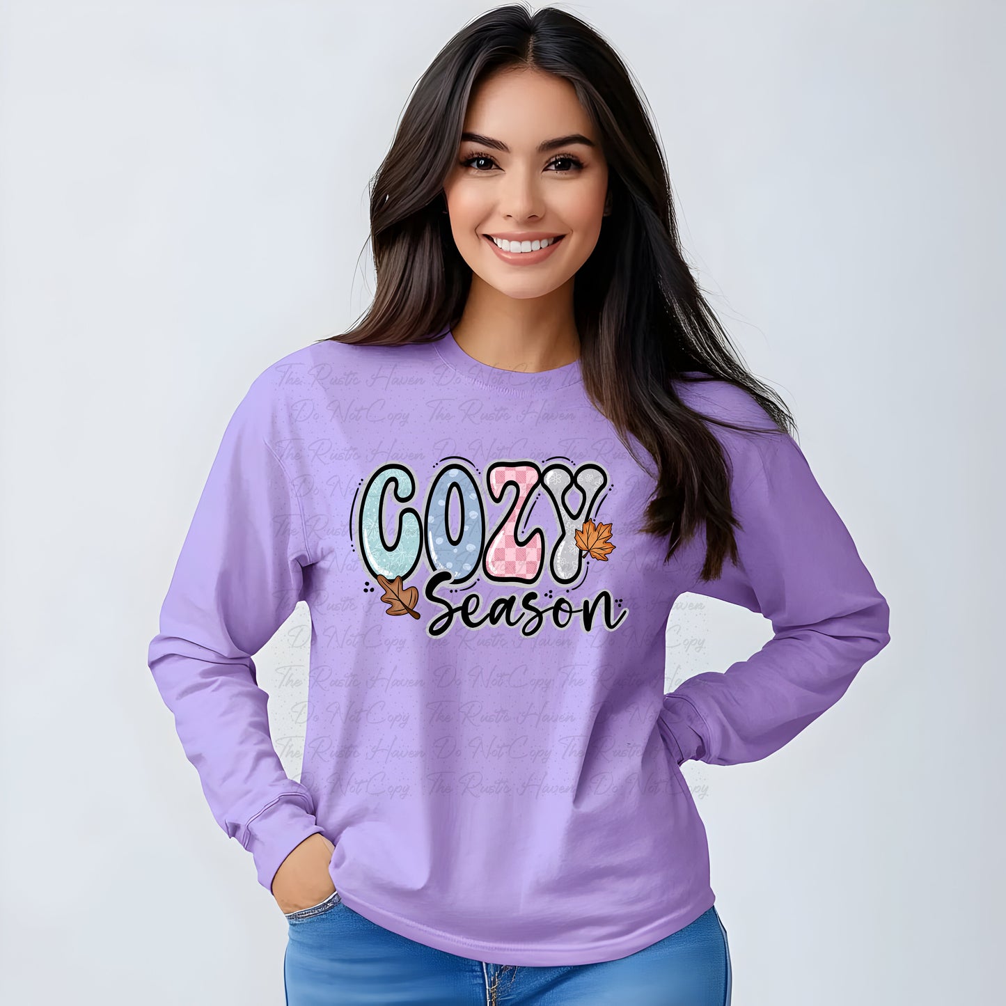 Cozy Season Fall Graphic Tee – Autumn Leaves Long Sleeve Shirt in 4 Colors