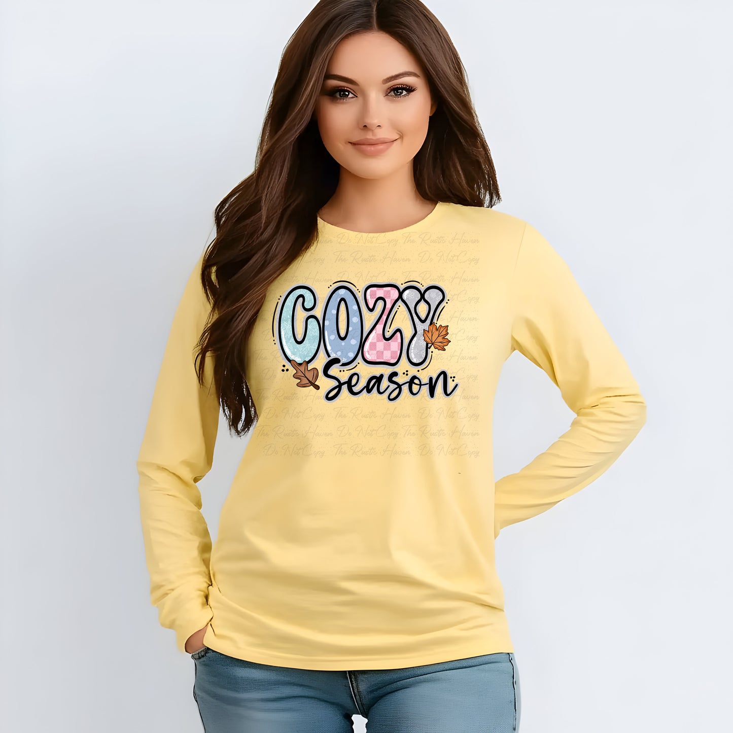 Cozy Season Fall Graphic Tee – Autumn Leaves Long Sleeve Shirt in 4 Colors