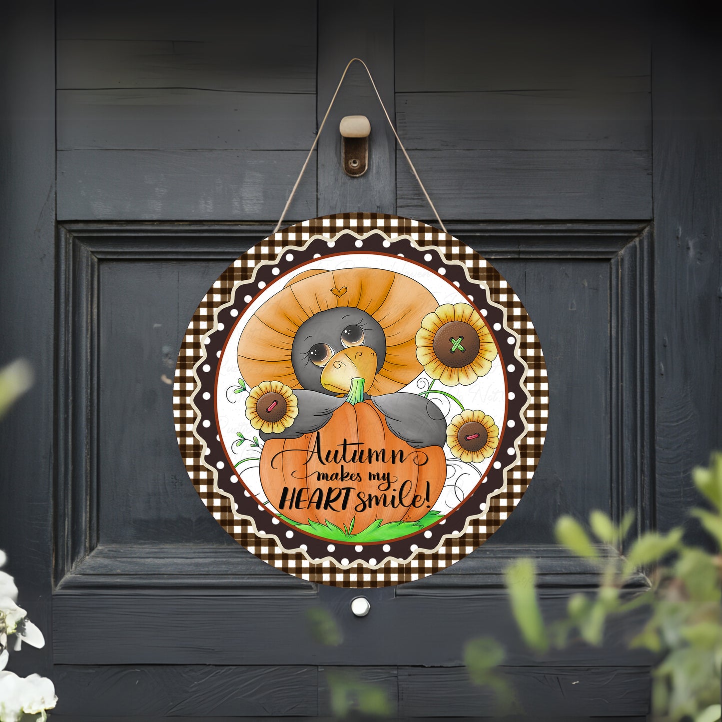 Autumn Crow Door Sign – “Autumn Makes My Heart Smile” Fall Sunflower & Pumpkin Decor
