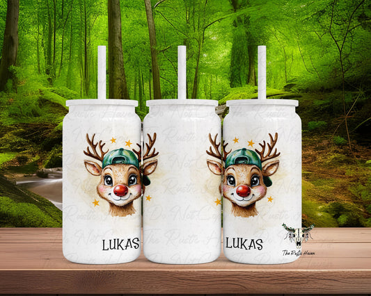 Personalized Reindeer Tumbler – 16oz Stainless Steel Double-Walled Cup (Boy or Girl Version)