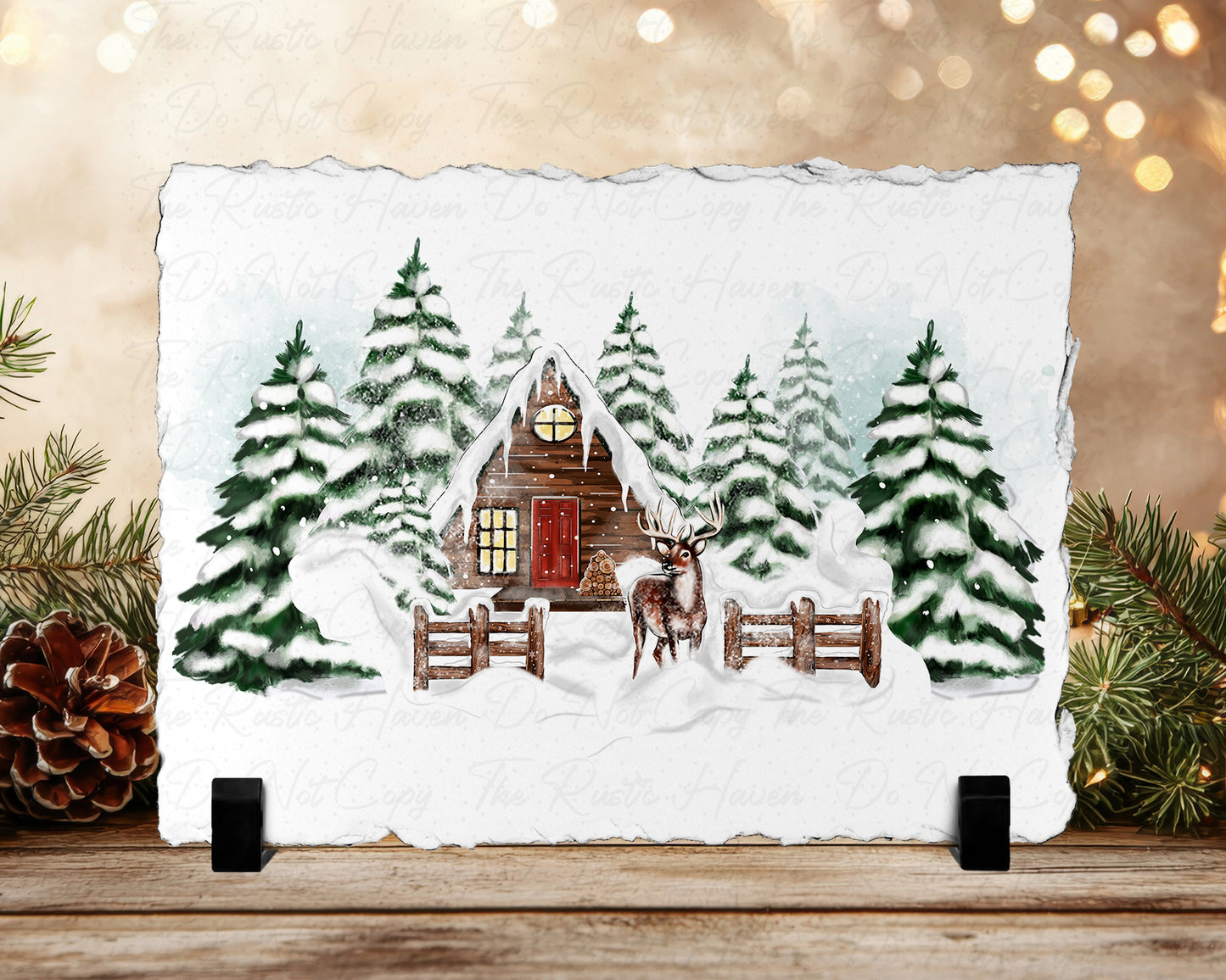 Rustic Winter Cabin & Deer Christmas Slate | 5x7 Holiday Decor | Snowy Woodland Scene