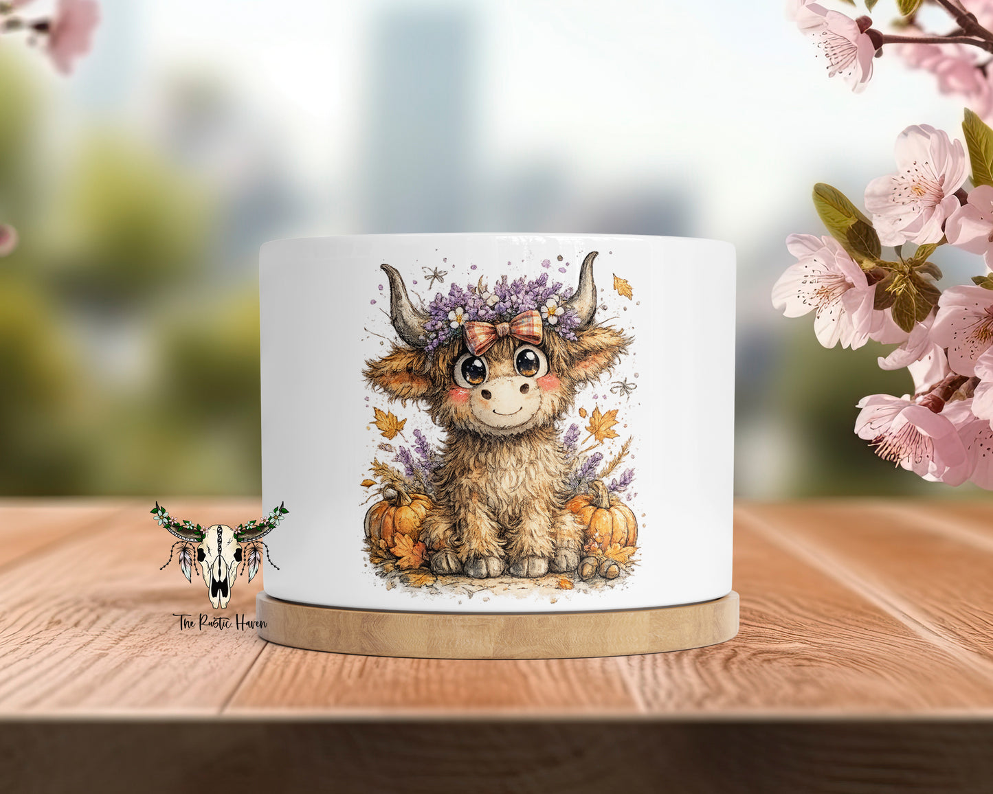 Fall Highland Cow Mini Ceramic Planter with Bamboo Base