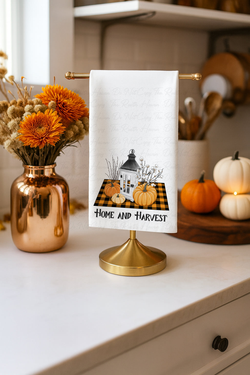 Home and Harvest Fall Kitchen Towel – Rustic Farmhouse Pumpkin & Lantern Hand Towel