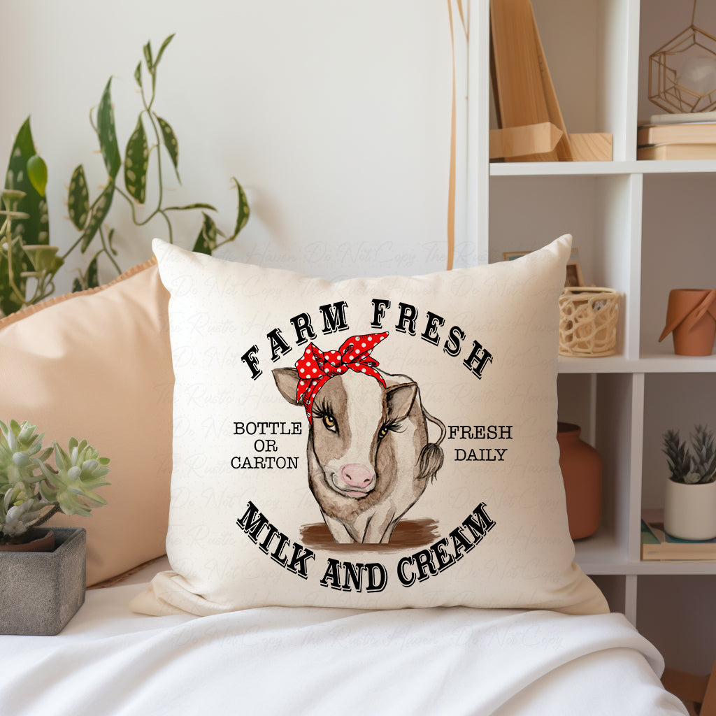 Farm Fresh Milk and Cream Pillow – 16x16 Polyester Canvas Throw Pillow with Cow and Red Bandana Design