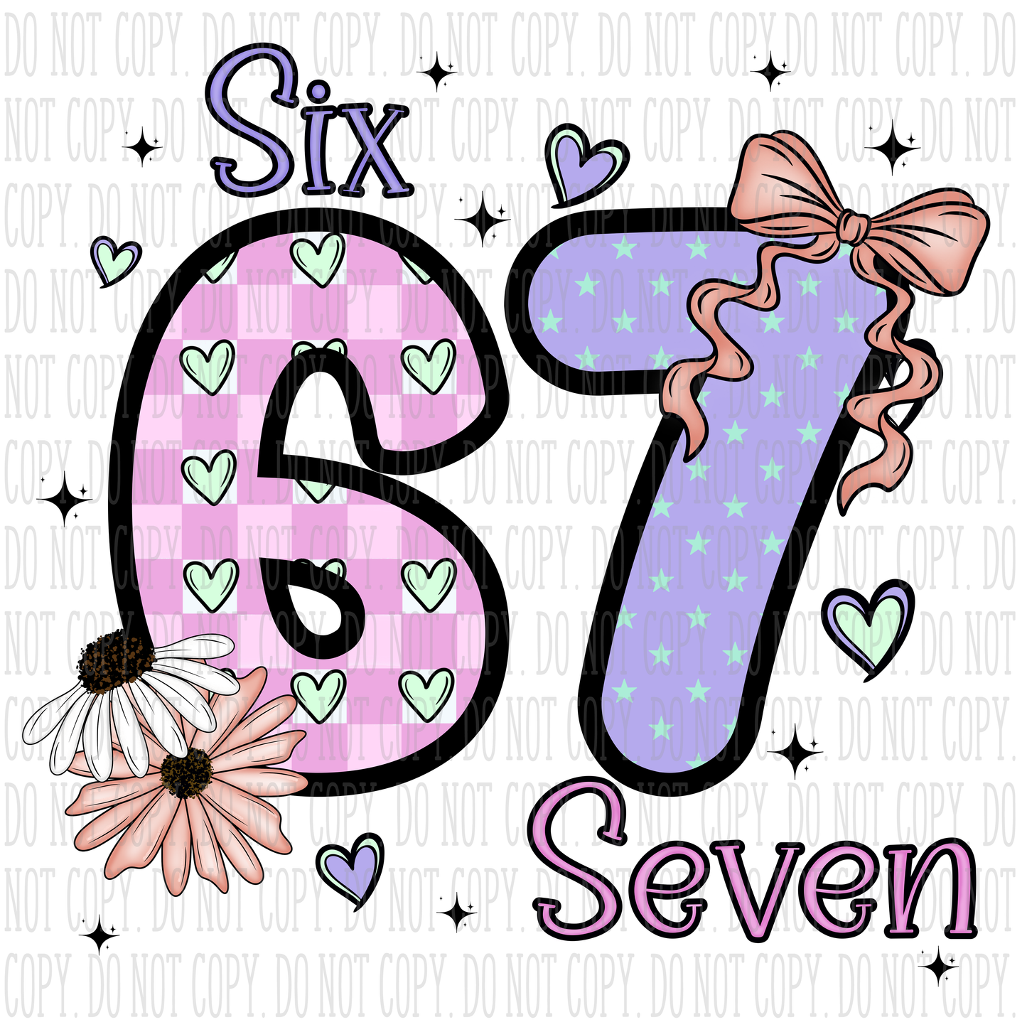 Six Seven PNG | Floral 67 Cute Number Design | Girly Retro Bow PNG| Digital Download