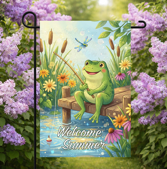 Welcome Summer Frog Garden Flag – Double Sided 12x18 Outdoor Flag – Cute Frog Fishing Floral Spring & Summer Yard Decor – Non-See Through