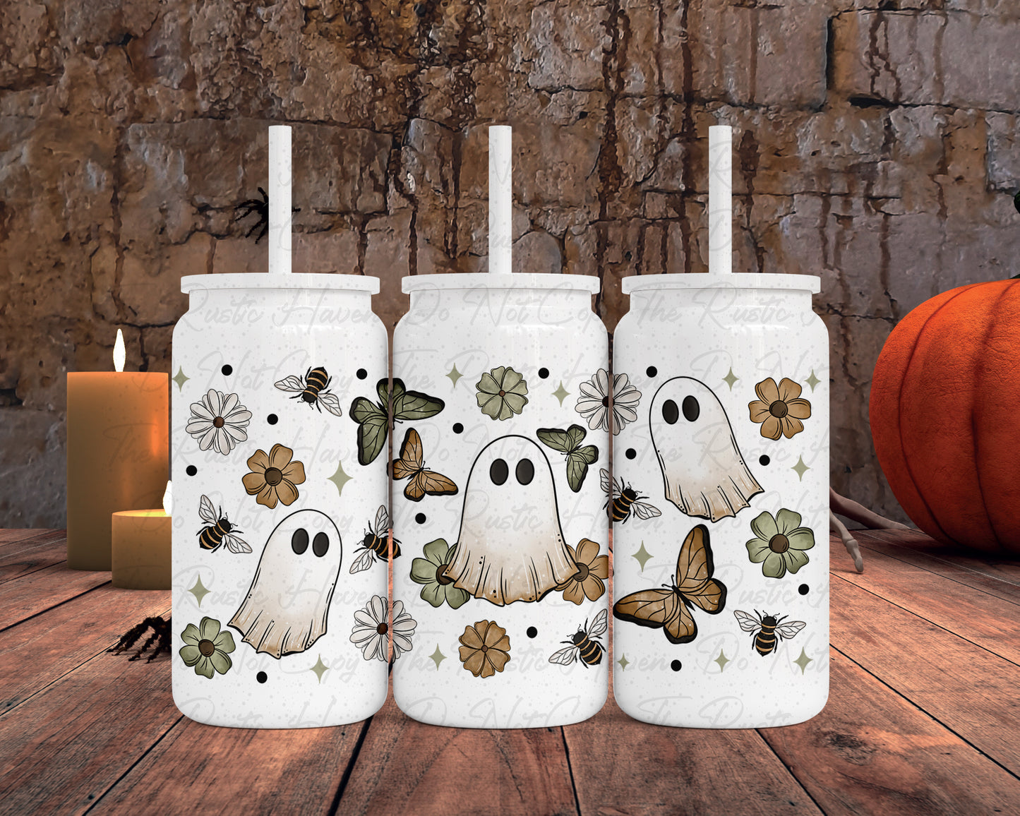 Fall Ghost Floral Stainless Steel Tumbler – Double Walled Insulated Can Cup with Ghosts, Bees & Flowers | Halloween Coffee Cup
