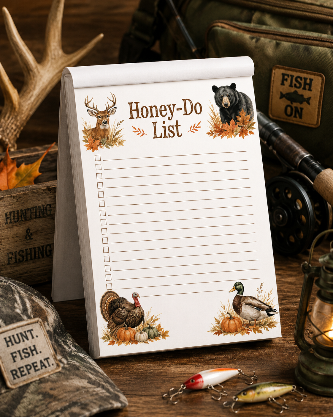 Honey-Do List Notepad | Rustic Hunting & Fishing Checklist | Deer, Bear, Turkey & Duck | 4x6 Tear-Off Notepad | 50 Sheet
