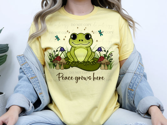 Peace Grows Here Frog PNG – Cute Cottagecore Frog Digital Download, Whimsical Nature Frog Design, Mushroom Frog Graphic
