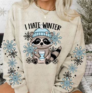 “I Hate Winter Raccoon Cozy Sweatshirt – Cute Winter Humor Pullover with Snowflake Sleeves”