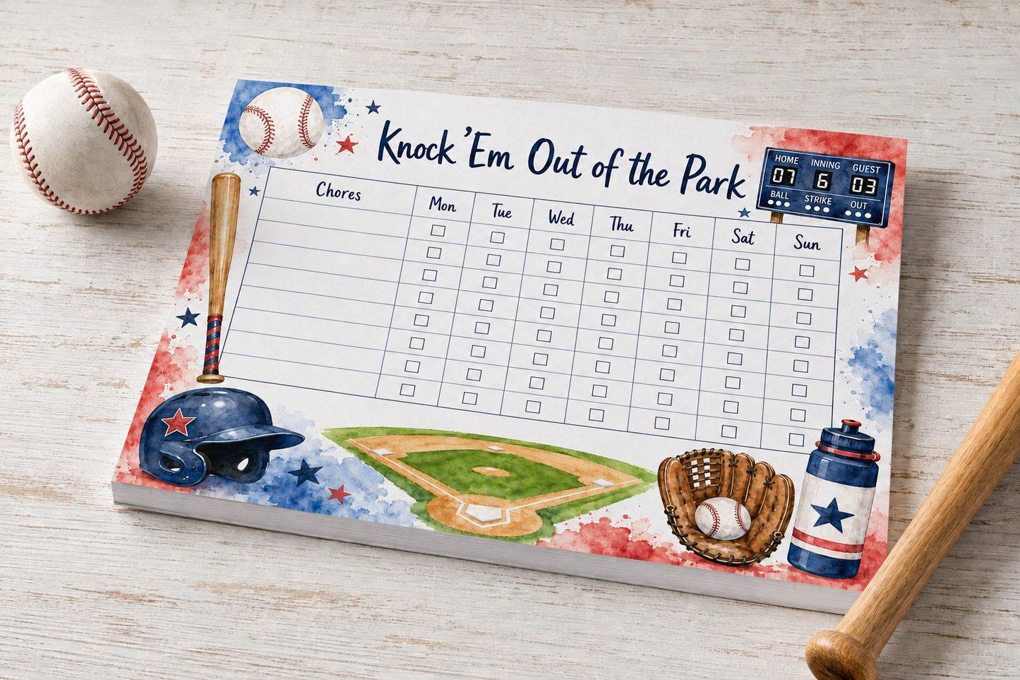 Knock 'Em Out of the Park Baseball Chore Chart Notepad | 8.5" x 11" | 52 Easy-Tear Sheets
