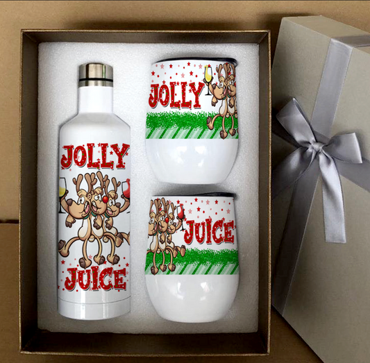 “Jolly Juice Holiday Reindeer Wine Gift Set with Gift Box – Festive Bottle & Tumblers”