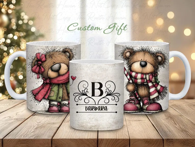 Personalized Christmas Bear Mug – Custom Name 15oz Ceramic Holiday Cup