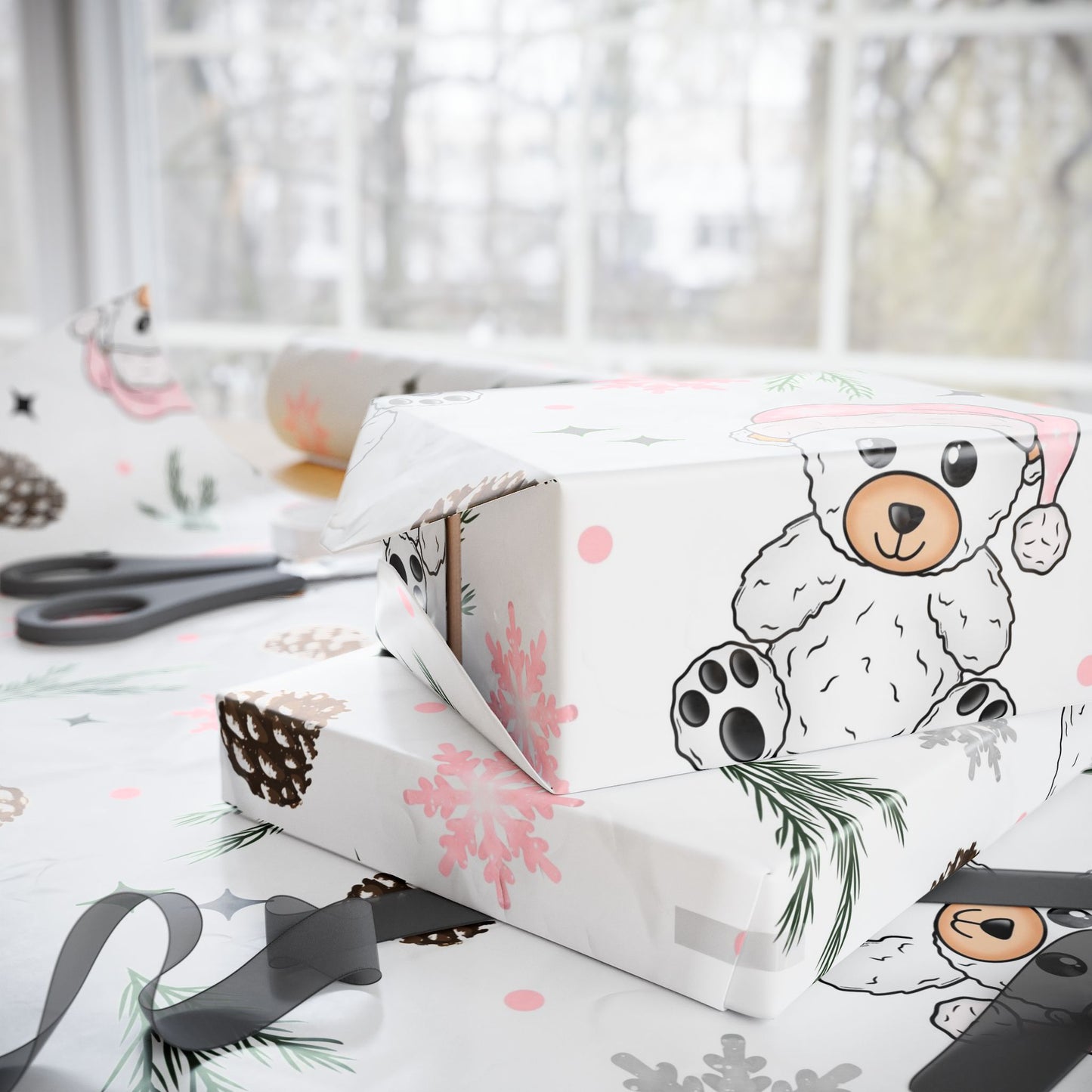 Personalized Cute Bear Christmas Wrapping Paper – Custom Design Available (3 Lengths)