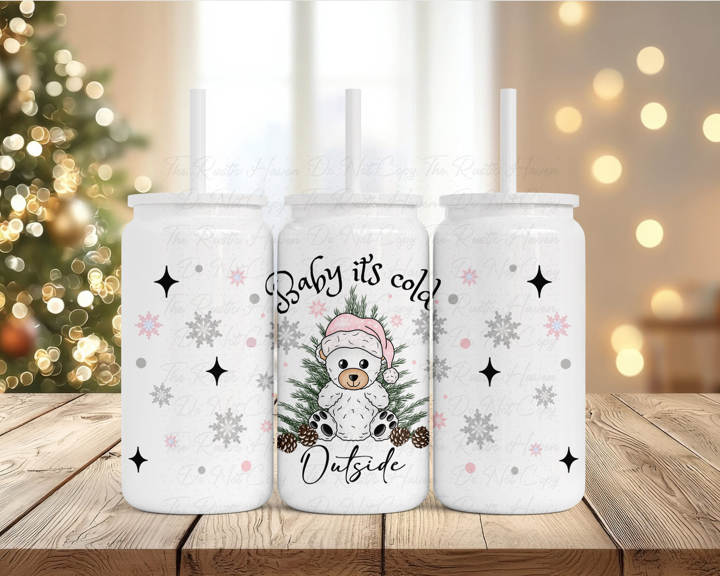 Pink Winter Bear 16oz Stainless Steel Soda Can Tumbler with Straw & Lid