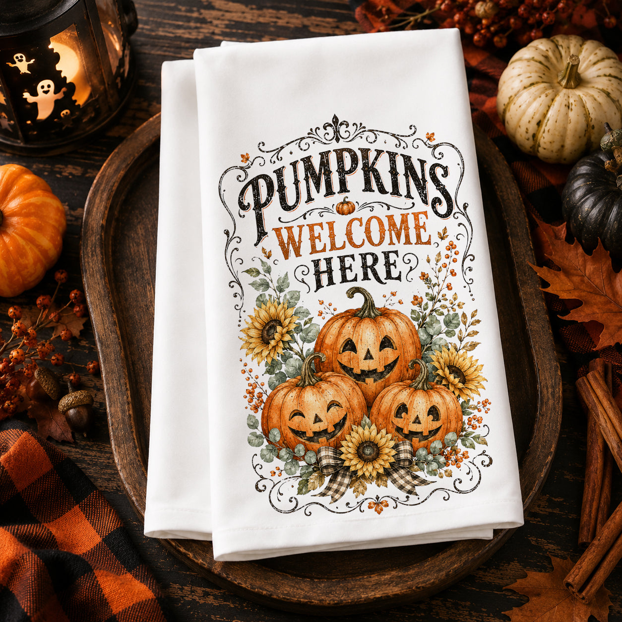 Pumpkins Welcome Here Fall Towel | 16 x 24 Polyester Kitchen Towel