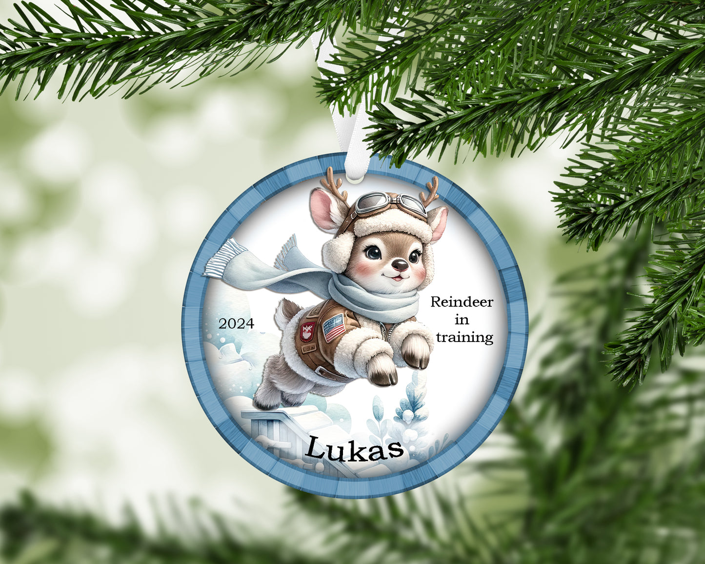 Personalized Adorable Reindeer in Training Ornament