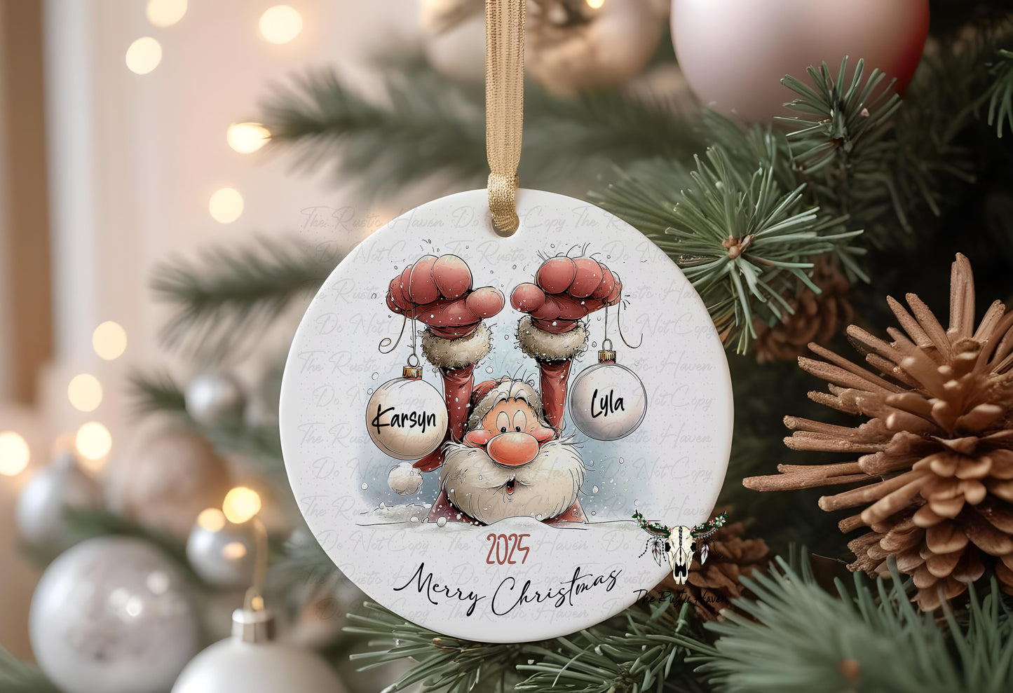 Personalized Santa Family Ornament – Custom Christmas Ornament with 1–8 Name Bulbs