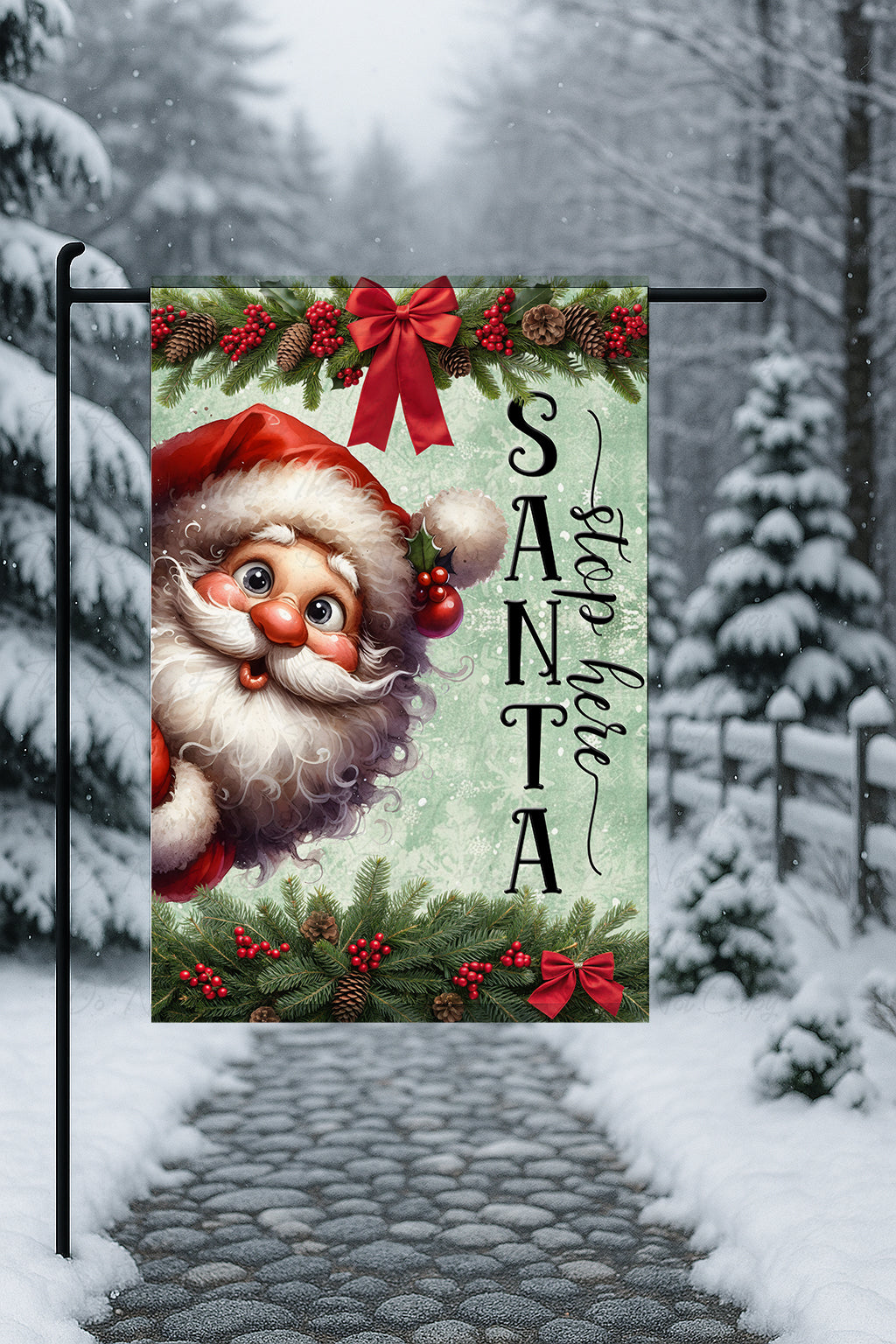 Double-Sided “Santa Stop Here” Christmas Garden Flag – Non-See-Through, Holiday Yard Decor