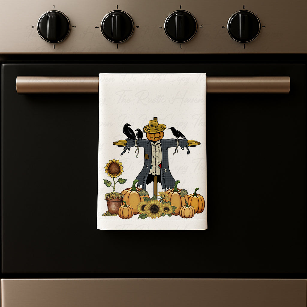 Fall Scarecrow Kitchen Towel – Pumpkin & Sunflower Farmhouse Autumn Hand Towel