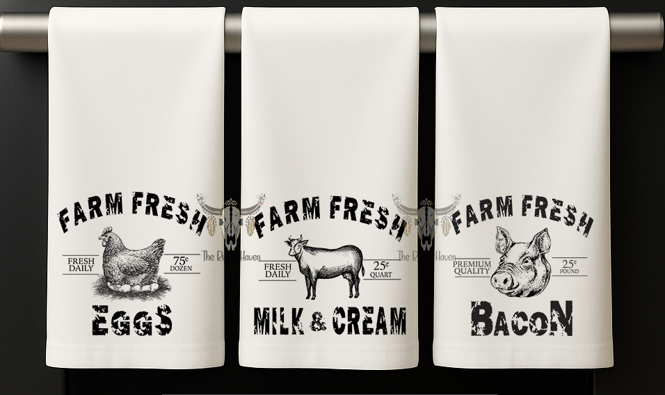 Farm Fresh Kitchen Towel – Rustic Farmhouse Tea Towel | Eggs, Milk & Cream, or Bacon Design – Country Kitchen Décor