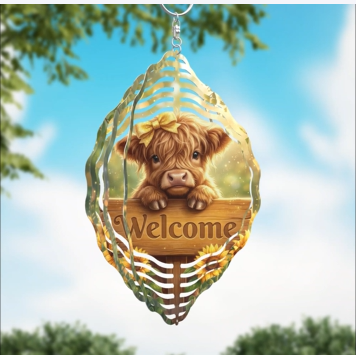 Highland Cow Welcome Wind Spinner – 10” Double-Sided Farmhouse Garden Decor – Rustic Outdoor Hanging Spinner