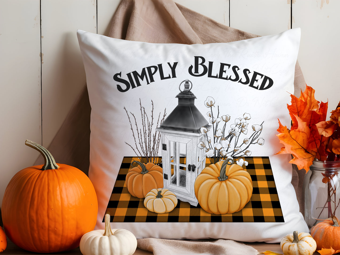 Simply Blessed Fall Pillow – Rustic Farmhouse Throw Pillow with Pumpkins & Lantern
