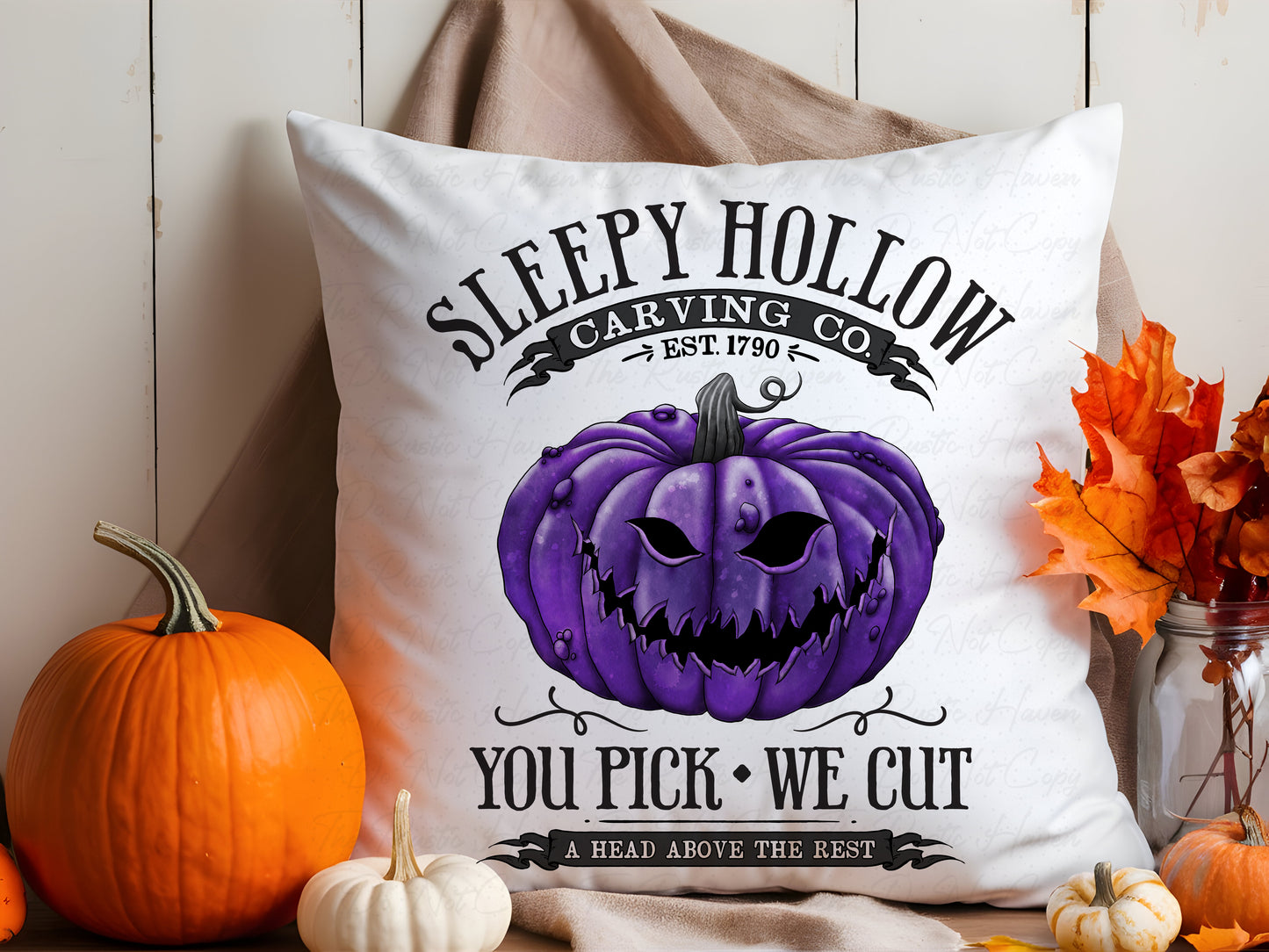 Sleepy Hollow Carving Co. Halloween Pillow – Creepy Purple Pumpkin Design (Available in 3 Colors)