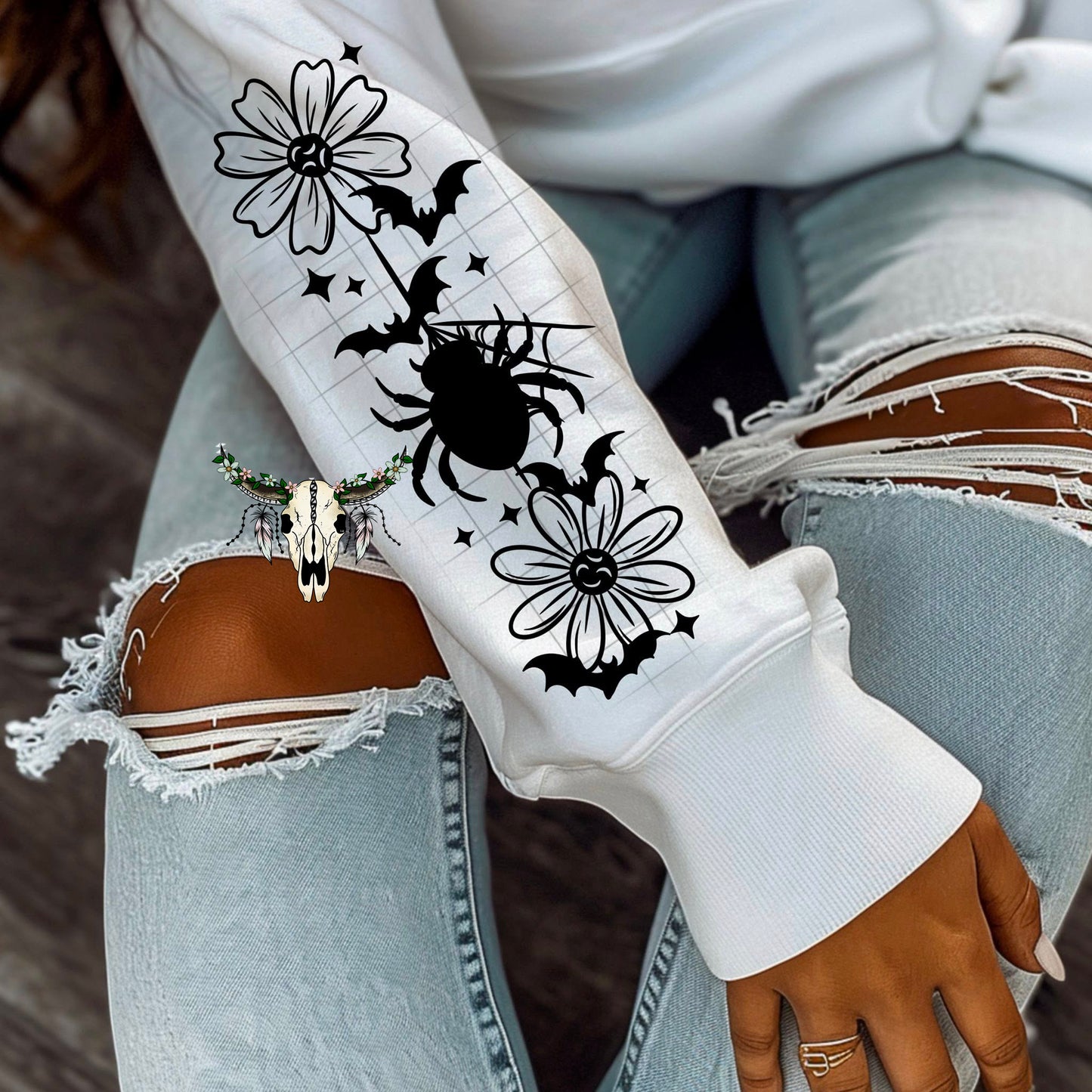 Spider Web & Daisy Long Sleeve Tee – Spooky Floral Shirt (Black or White)