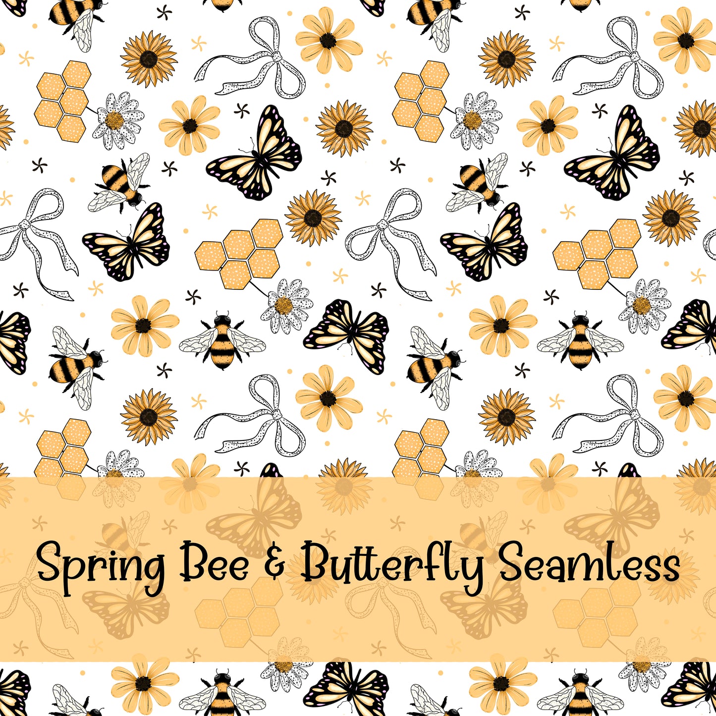 Spring Bee & Butterfly Seamless Pattern PNG | Honeycomb Sunflower Floral Digital Paper | Farmhouse Sublimation Background