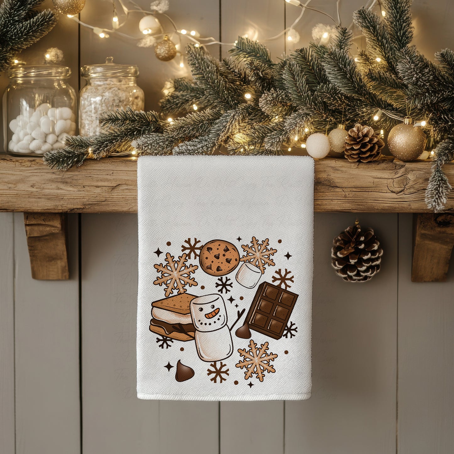 Cozy S’mores & Snowflakes Holiday Kitchen Towel – 16x24 Polyester