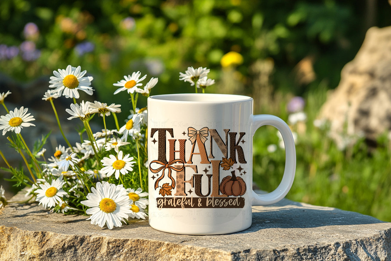 Thankful Blessed 15oz Mug – Fall Coffee Cup with Rustic Farmhouse Design