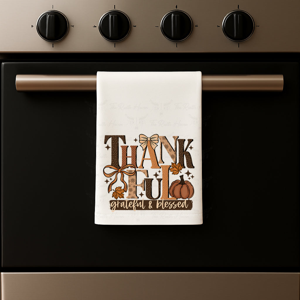Thankful Fall Kitchen Towel – Grateful & Blessed Autumn Pumpkin Decor