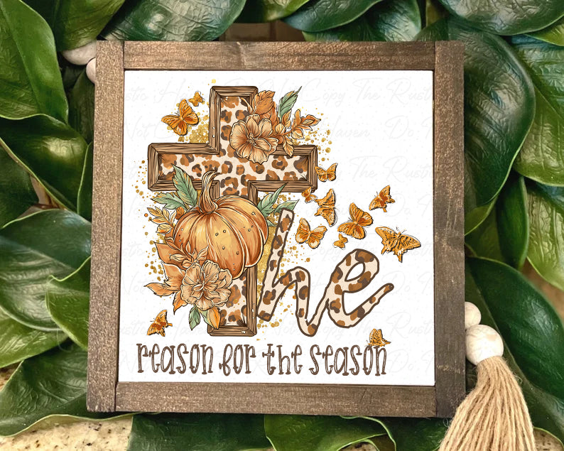 Fall Christian Wall Art | Leopard Cross Pumpkin Sign | "The Reason for the Season" Rustic Farmhouse Decor