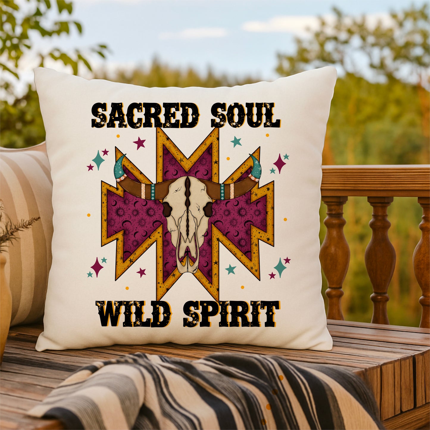 Sacred Soul Wild Spirit Throw Pillow – Boho Western Skull Design