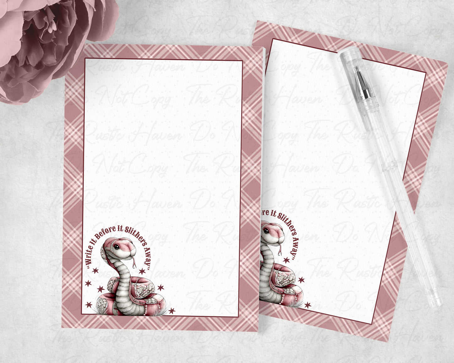 Pink Plaid Snake Notepad – 4x6 Rustic Coquette Memo Pad – 50 Sheet Cute Serpent Desk Pad