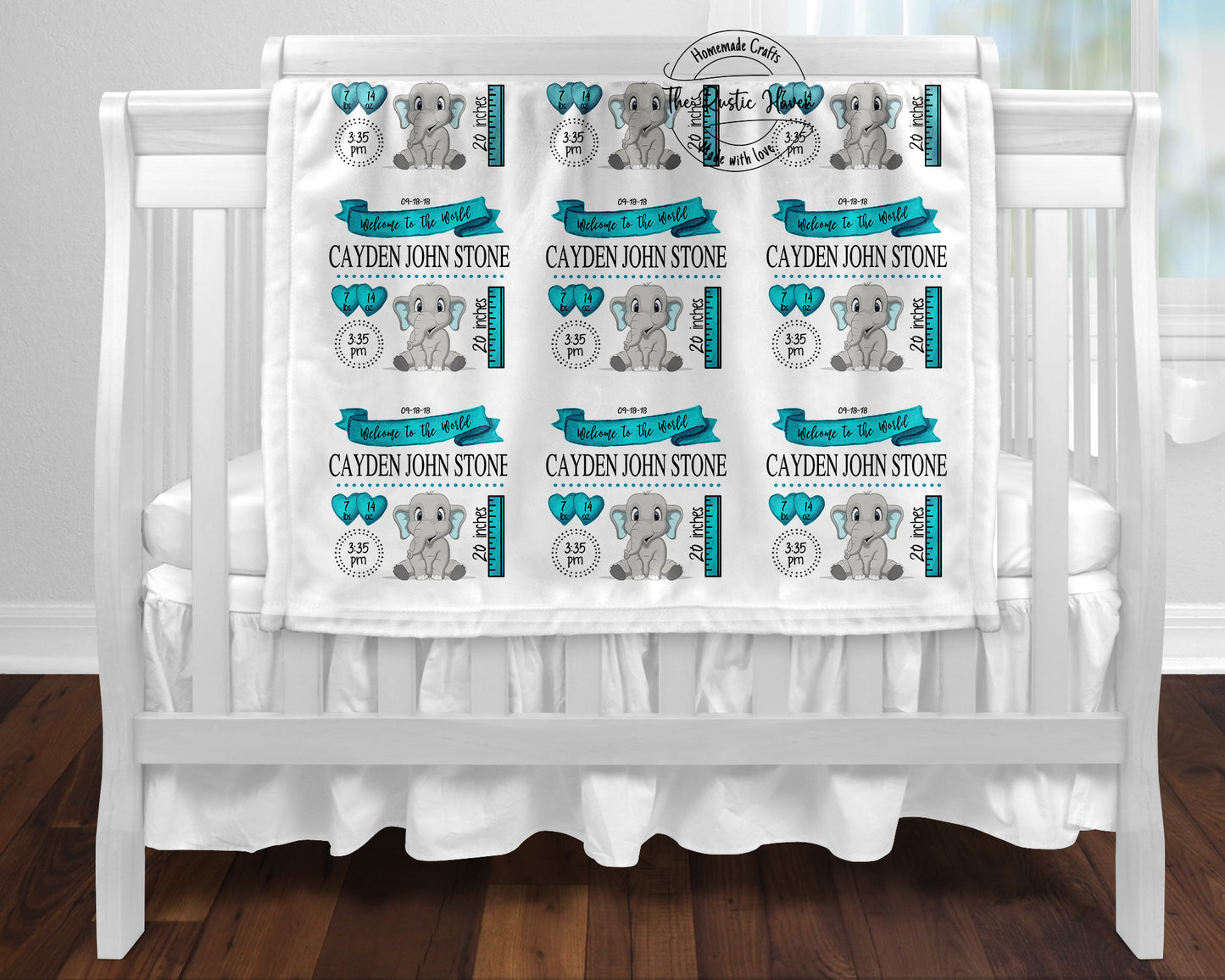 Cute Personalized Elephant Baby Boy Stat Blanket