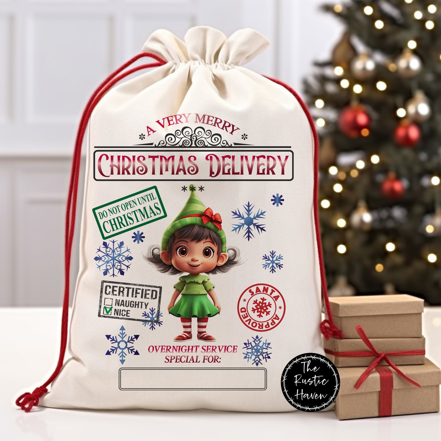 Cute Personalized girl Elf Santa Sack